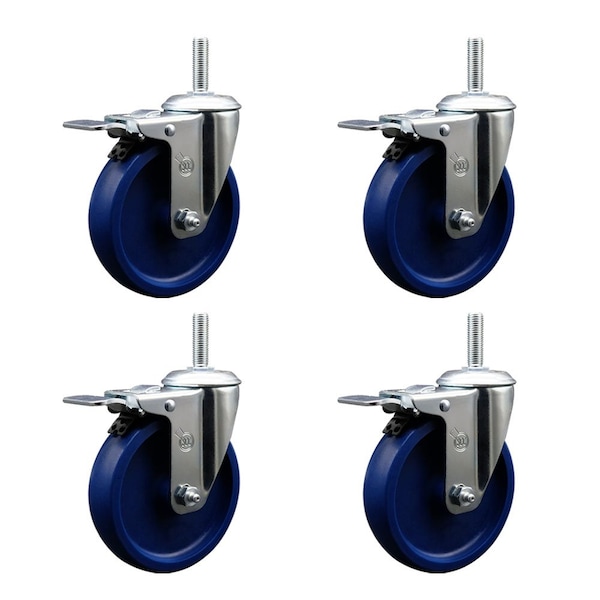 5 Inch Solid Polyurethane Swivel 58 Inch Threaded Stem Caster Set with Total Lock Brake